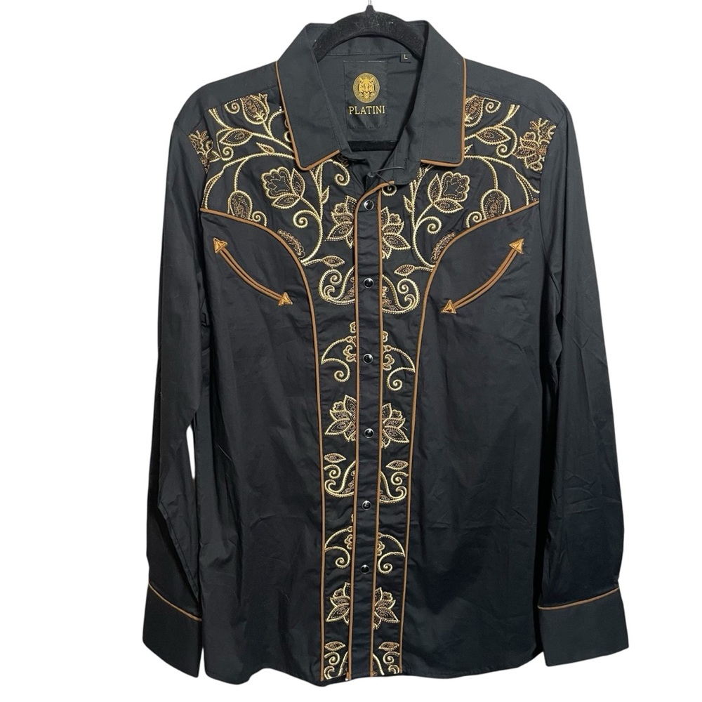 Platini Men's Black and Gold Embroidered Casual Button Down Shirt